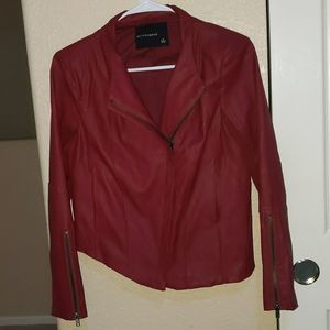 Olivaceous Burgundy Faux Leather Moto Jacket Asymmetric